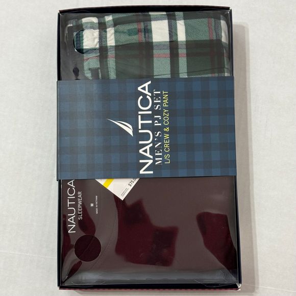 Nautica NWB Sz M Men's PJ Set Maroon/Green Multi Crew Neck Cozy Pants - Picture 4 of 12